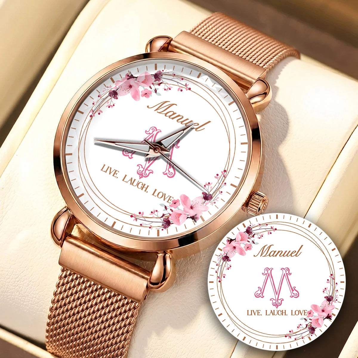 Live Laugh Love Flower Wreath Rose Golden Watch MANUEL M1-W10
