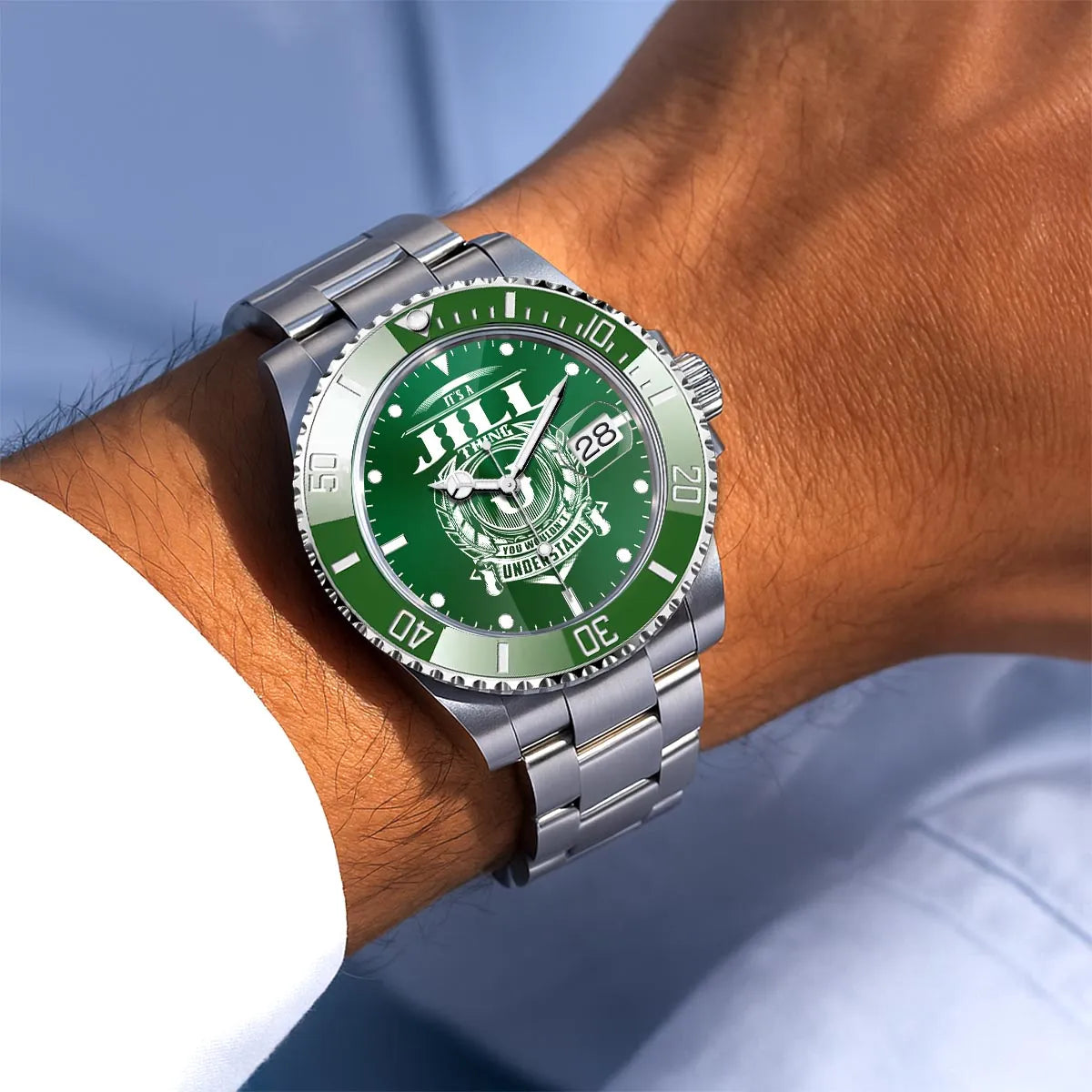 JILL 13K1-440 Personalized Green Submariner Watch, Premium Gift for Anniversary