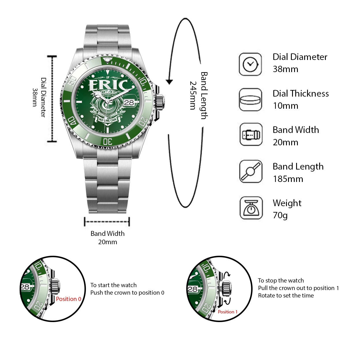 ERIC 13K1-448 Personalized Green Watch “If ... Can’t Fix It No One Can”