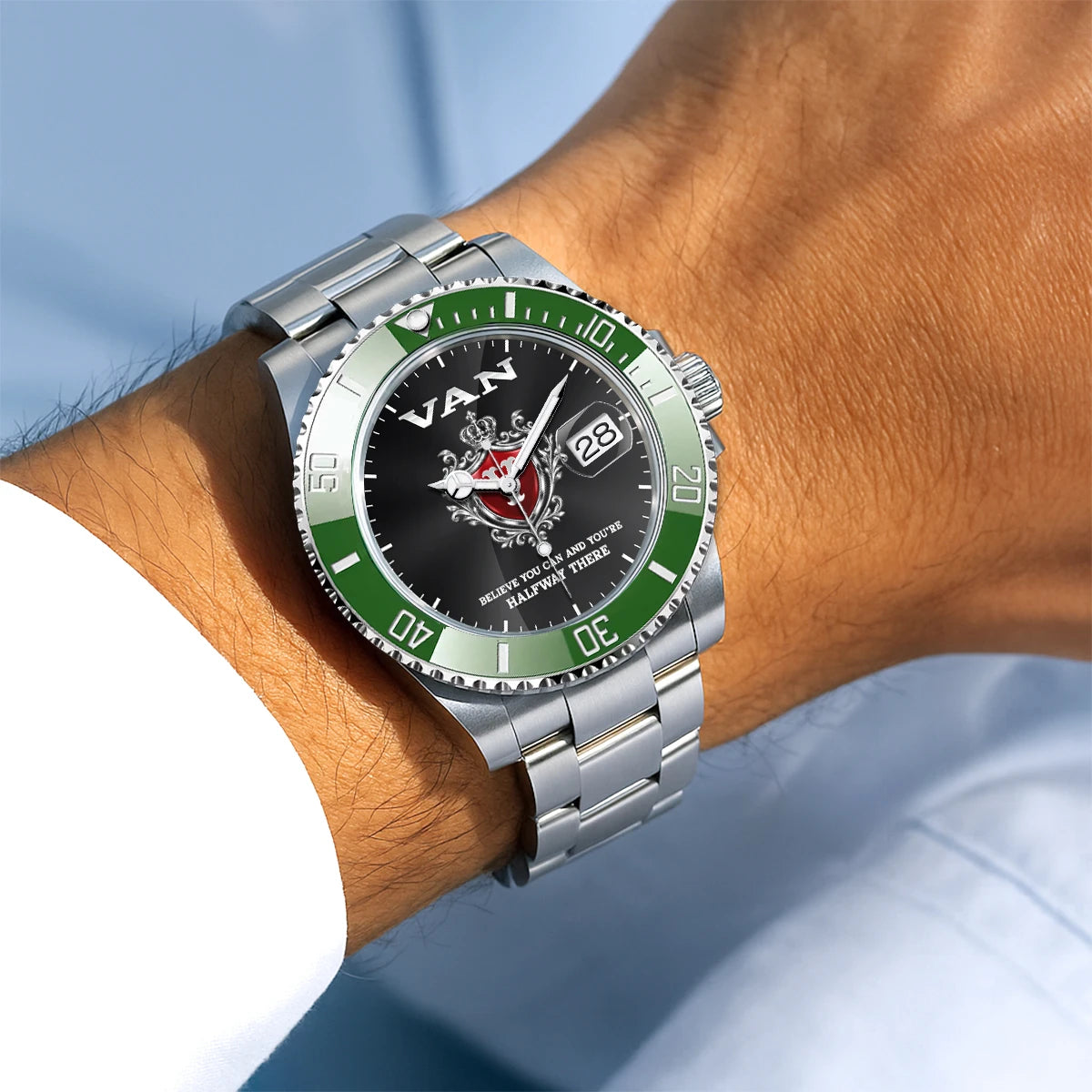 Believe You Can and You're Halfway There Silver & Green Watch VAN M1-W29