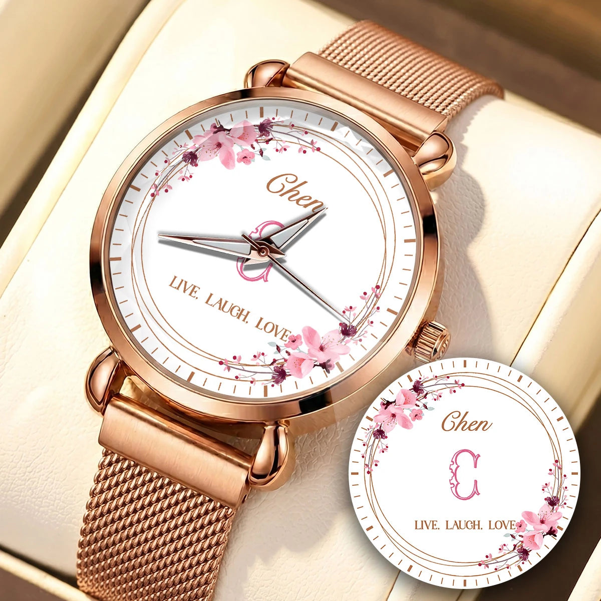 Live Laugh Love Flower Wreath Rose Golden Watch CHEN M1-W10