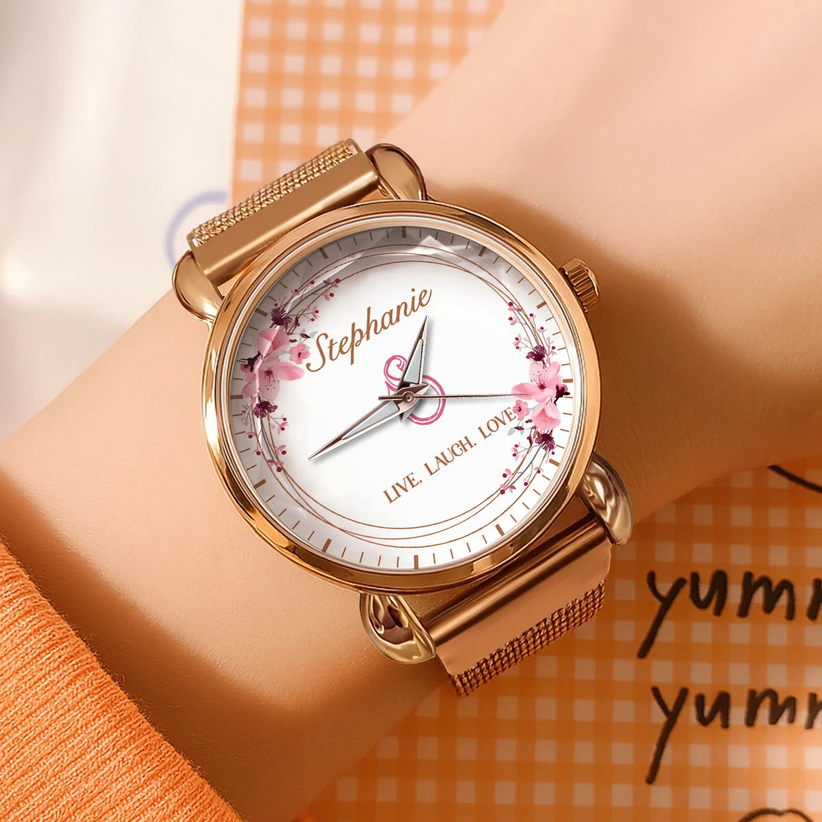 Live Laugh Love Flower Wreath Rose Golden Watch STEPHANIE M1-W10