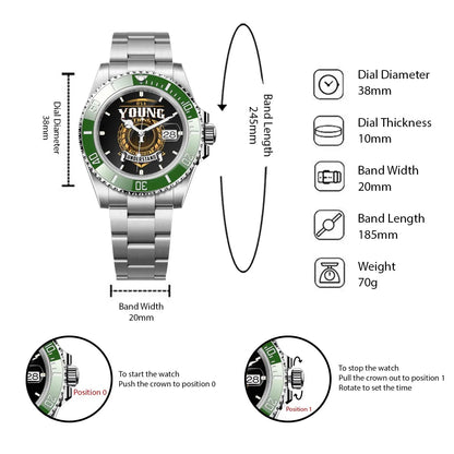 YOUNG 13K1-439 Personalized Green Submariner Watch, Premium Gift for Anniversary