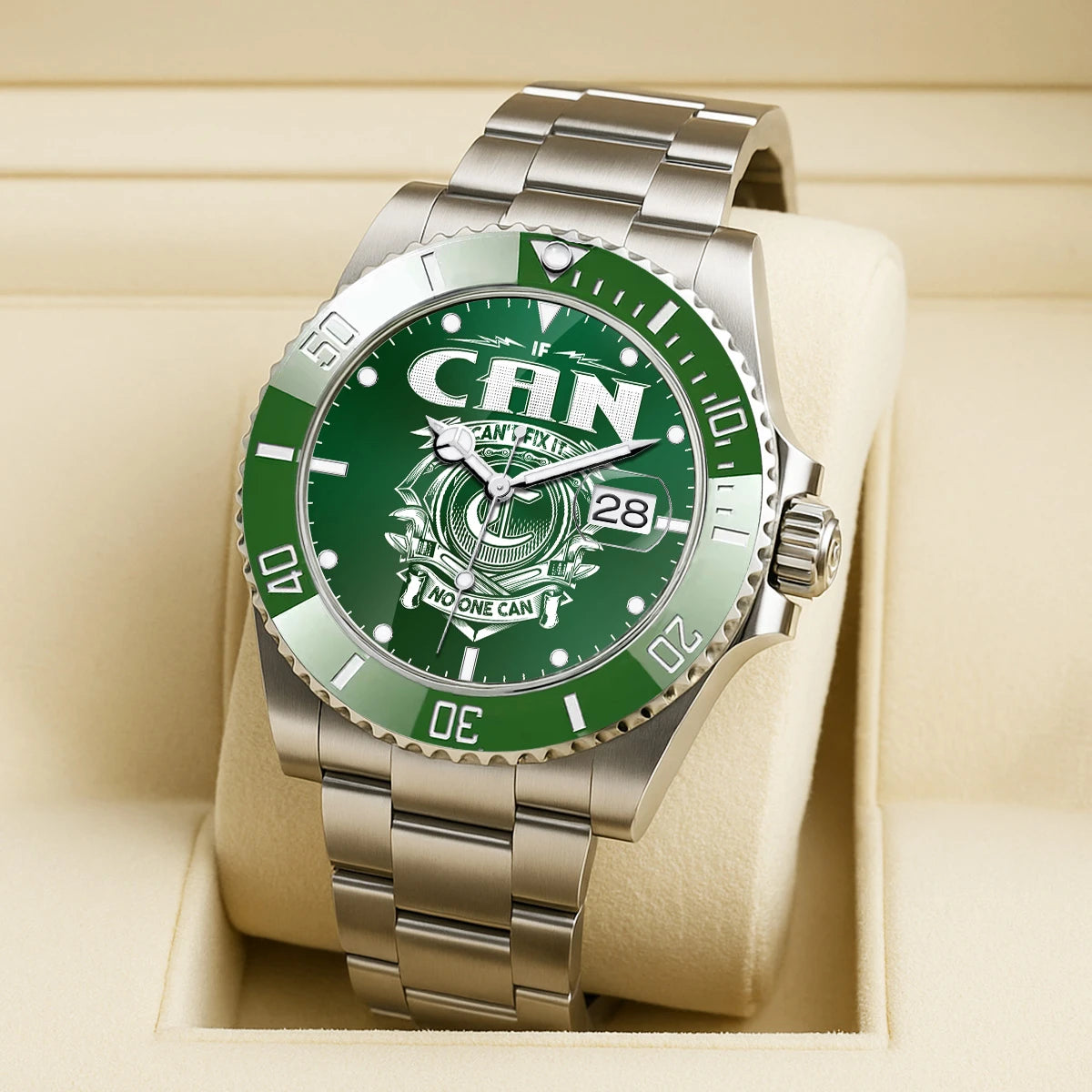 CAN 13K2-448 Personalized Green Watch “If ... Can’t Fix It No One Can”