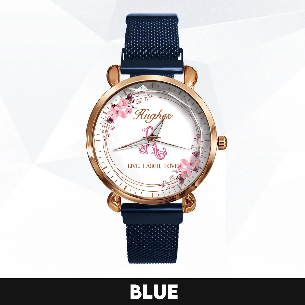 Live Laugh Love Flower Wreath Rose Golden Watch HUGHES M1-W10