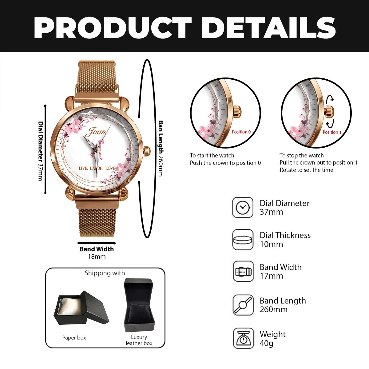 Live Laugh Love Flower Wreath Rose Golden Watch JOAN M1-W10